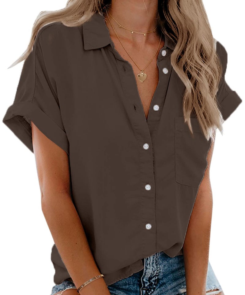 Beautife Womens Short Sleeve Shirts V Neck Collared Button Down Shirt Tops with Pockets (Large, Coffee) - Image 1